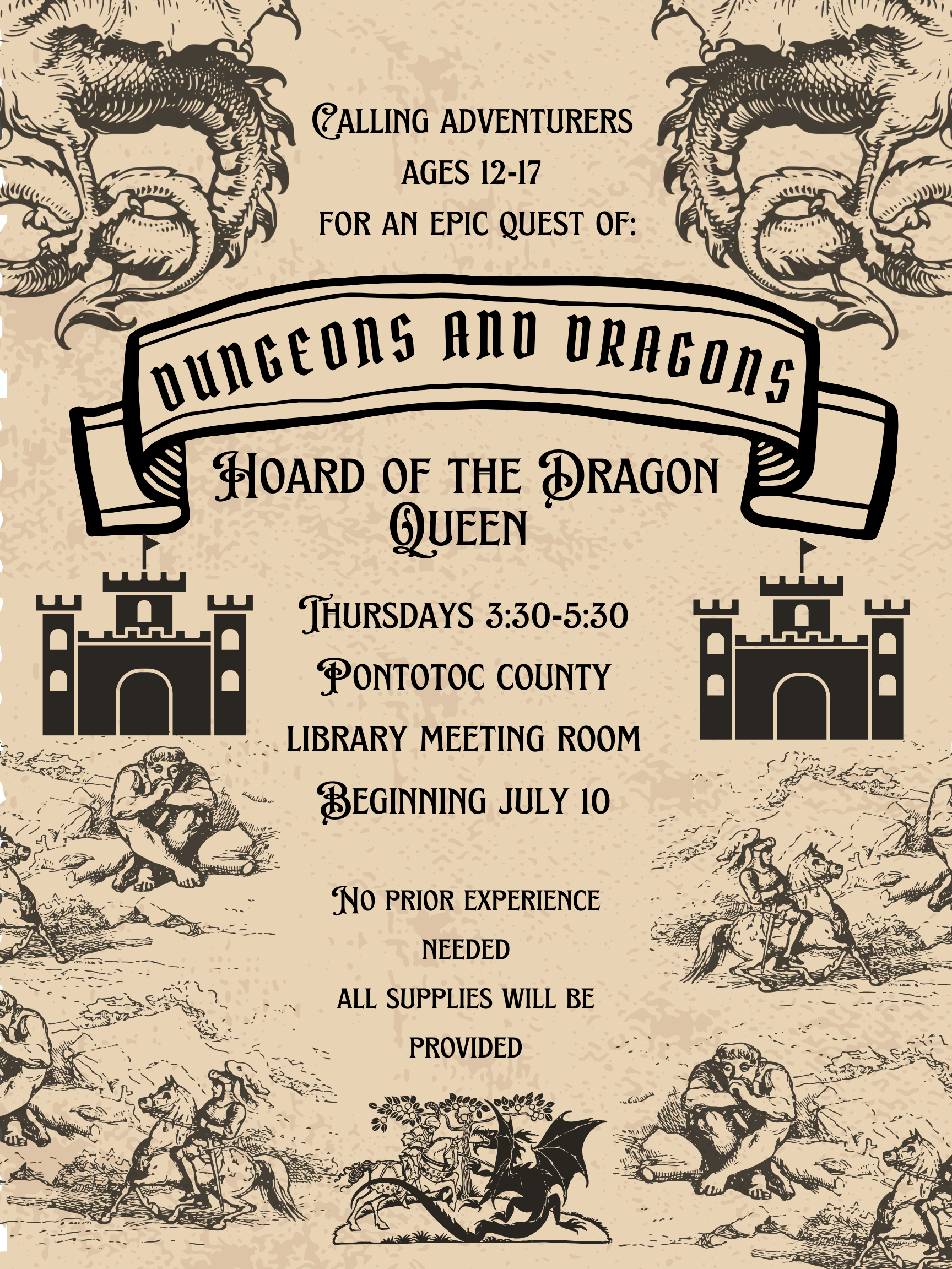 Calling adventurers ages 12-17 for an epic quest of: Dungeons and Dragons: Hoard of the Dragon Queen. Thursdays 3:30-5:30 Pontotoc County Library Meeting Room beginning July 10. No prior experience needed all supplies will be provided. 